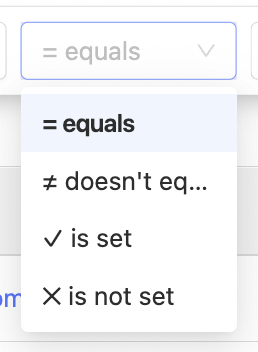 query list for a boolean property lists only equals, doesn't equal, is set, and is not set